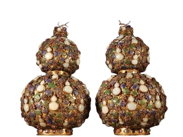 Chinese Qing Dynasty Gilded Bronze Inlaid Hetian Jade Tourmaline Gourd Vase with Many Children and