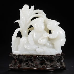 Chinese Qing Dynasty Hetian white jade twin boys ornaments