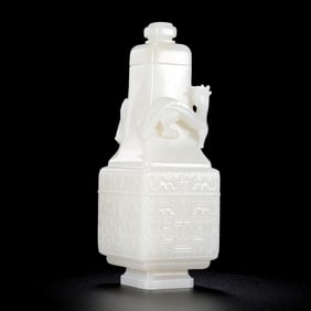 Hetian white jade square vase with animal face design, Qing Dynasty, China