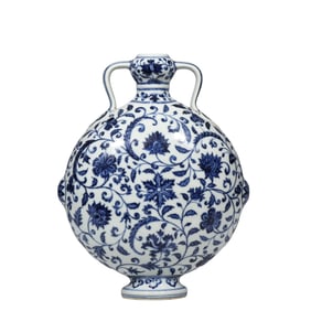 Chinese Qing Dynasty Blue and White Scroll Flower Pattern Moon Vase