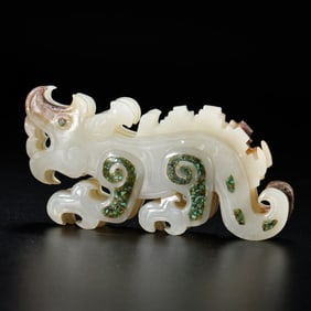 Chinese Han Dynasty white jade inlaid turquoise tiger symbol