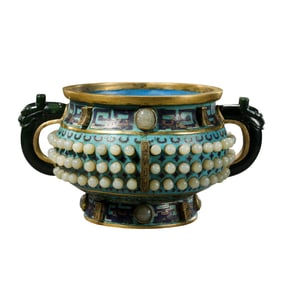 Chinese Qing Dynasty Qianlong period cloisonné jade inlaid gui-shaped furnace