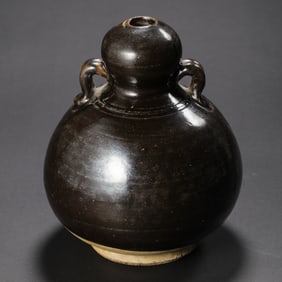 Black-glazed double-cord gourd bottle from Gongxian kiln, Tang Dynasty, China