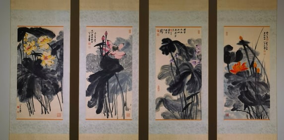 Four Lotus Screens by Zhang Daqian