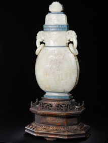 Chinese Qing Dynasty Hetian white jade double-ring ear cover vase