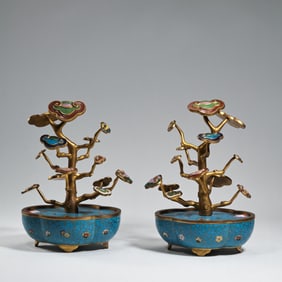 A pair of Chinese Qing Dynasty Qianlong period cloisonné Ganoderma bonsai