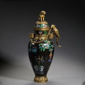 A Chinese enamel-painted gilded vase with pierced ears from the Qianlong period of the Qing Dynasty