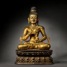 A Chinese Qing Dynasty gilt bronze statue of a seated Buddha