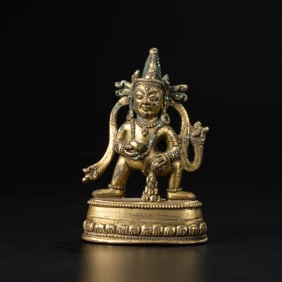 Qing Dynasty Tibetan Gilt Bronze Vajrapani Dancing Deity Figure Statue [5.9 x 9.4cm, 172gram]