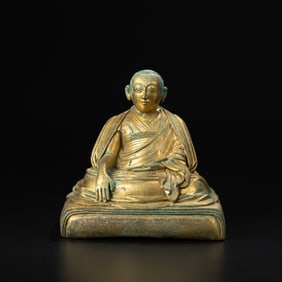 Qing Dynasty Tibetan Gilt Bronze Seated Buddhist Lama Statue [11 x 13cm, 961gram]