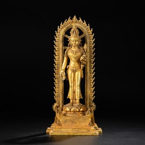 Antique Gilt Bronze Bodhisattva Statue [11 x 24cm, 790gram]