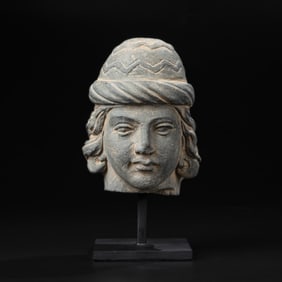 Greco GandharaArt Schist Stone Head Sculpture [11.5 x 14.5cm, 3.2kg]