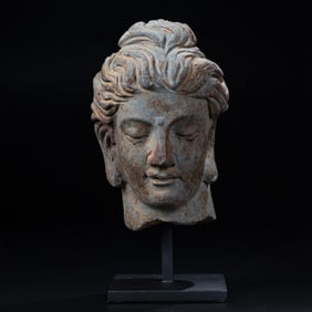 Ancient Greco-Buddhist GandharaArt Schist Stone Buddha Head Sculpture [10.5 x 16.5cm, 3.2kg]
