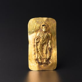 Ancient Gandhara Greco-Buddhist Gold Plaque Depicting Standing Buddha Statue
