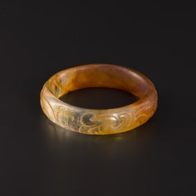 Chinese Qing Dynasty CarvedAgate Bangle Bracelet withArchaic Motif [Ø5.8cm, 57gram]