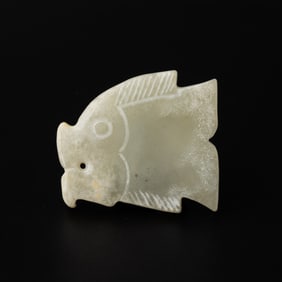 White Jade Chines Han Dynasty Fish Face Motif Pendant [3.7 x 3.2cm, 14gram]