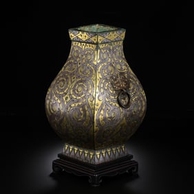 Chinese Warring States Period Square Vase with Inlaid Gold and Silver Double Doors