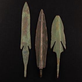 Collection ofAncient Indo Roman Greek BronzeArrowheads [17.2 x 2.1cm, 15.6 x 3cm, 14 x 3.1cm,