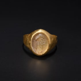 21K Solid Gold Hellenistic Ring – Agate Intaglio Depicting a Head Figure [6.5 US Size, 4g]
