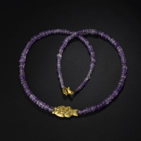 Ancient Egyptian Gold Fish Amulet with Aged Amethyst Beads [Length:19in]