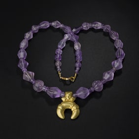 Ancient Roman Jewelry – Gold Pendant Decorated with Amethyst Beads on String[Length : 17in]