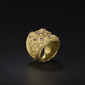 Ancient Gold Ring from Southeast Asia – Adorned with Ruby Gems [Ring Size : 9.5, 14gram]
