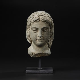 Indo Greek Schist Stone Head Sculpture of a Youth or Deity on Stand [10 x 15cm, 3kg]