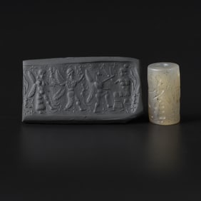 Near Eastern Bactrian Cylinder Seal Pendant Engraved In Agate Stone [1.7 x 3.2cm, 17gram]