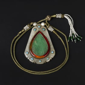 Indian Mughal Style White Jade Inlaid With Turquoise & In Center Green Jade Hand Knotted Pendant
