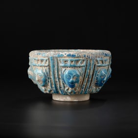 Ancient Near Eastern Glazed Large Bowl Decorated With Face Motifs [15 x 9cm, 916gram]