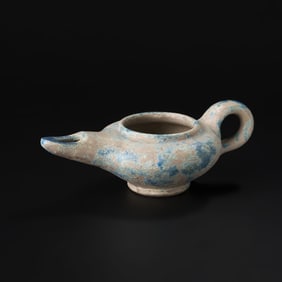 Antique Medieval Period Blue & White Glazed Pottery Oil Lamp [21.3 x 8cm, 332gram]
