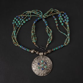 Himalayan Nepalese Hand Made Silver Pendant Decorated With Turquoise Necklace
