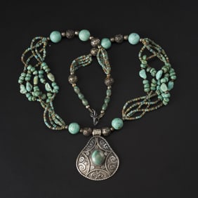 Himalayan Nepalese Hand Made Silver Pendant Decorated With Turquoise Necklace
