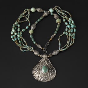 Nepalian Hand Made Silver Pendant Decorated With Turquoise Beads Necklace