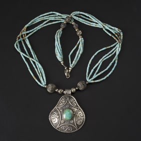 Nepalian Hand Made Silver Pendant Decorated With Turquoise Beads Necklace