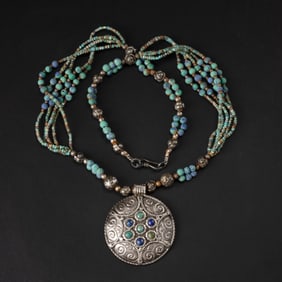 Nepalese Hand Made Silver Pendant Decorated With Turquoise Beads Necklace
