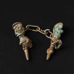 Antique Tribal Bronze African Figures with Chain Ethnographic Art Sculpture