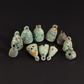 Lot Of Ancient Decorated Animals Patinated Bronze Bells Pendants [2.4~2.8 x 1~1.8cm, 54gram, 11 pcs]
