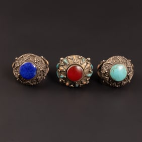 Vintage Jewelry Lot Rings 3 pieces Antique Silver Rings Hand Made Decorated With Stones