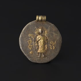 Indo Greek Gandhara Art Silver Gilded Buddha Figure Amulet Pendant [4.3 x 4.8cm, 33gram]