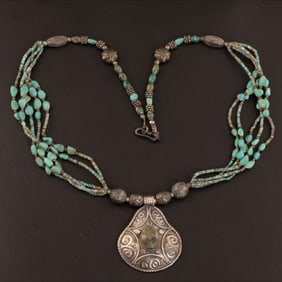 NepaleseArt Hand Made Silver Pendant With Turquoise Beads Necklace [Length : 24in, 45gram]