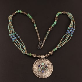 NepaleseArt Hand Made Silver Pendant With Turquoise & Lapis Beads Necklace