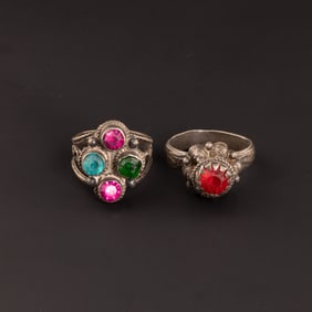 Old Ethnic Tribal Nomad Afghan Silver Rings Design With Flower Motif With Red Glass Jewel