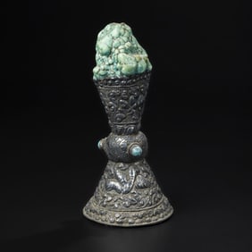 Tibetan Turquoise Decorated With Hand Craft Birds & Floral Motif In Silver Buddhist Temple Stamp