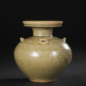Yue kiln celadon four-handled plate-mouthed vase, Chinese Southern and Northern Dynasties