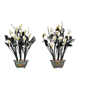 A pair of Chinese Qing Dynasty cloisonné lily bonsai