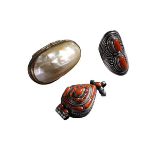 A set of Chinese Qing Dynasty coral rings and pendants and a shell-lidded box