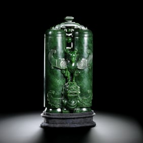Chinese Qing Dynasty Hetian Jade Dragon and Phoenix Pattern Double-Lidded Vase