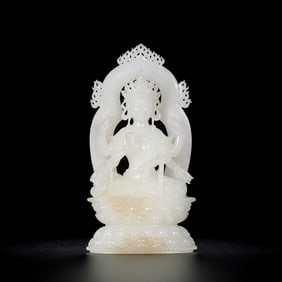 Chinese Qing Dynasty Hetian white jade seated Buddha statue