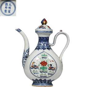 Blue and white multicolored mandarin ducks playing in water pattern pot, Xuande period, Ming